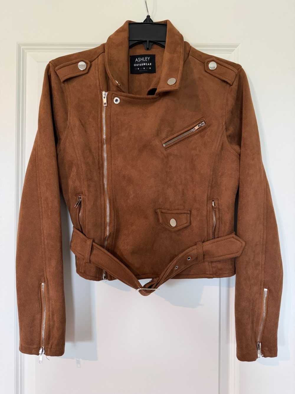 Women's Ashley Outerwear Brown Faux Suede Cropped Moto Jacket